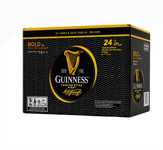Guinness Foreign Extra Stout bottle and 24-pack box on a white background