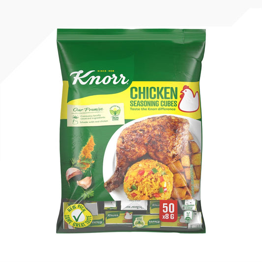 Knorr chicken seasoning cubes packaging with a chicken and rice dish on a white background
