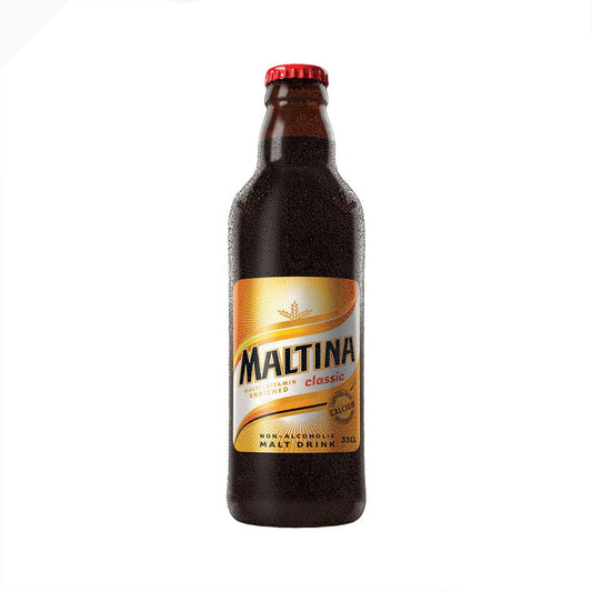 Maltina non-alcoholic malt drink bottle on a white background