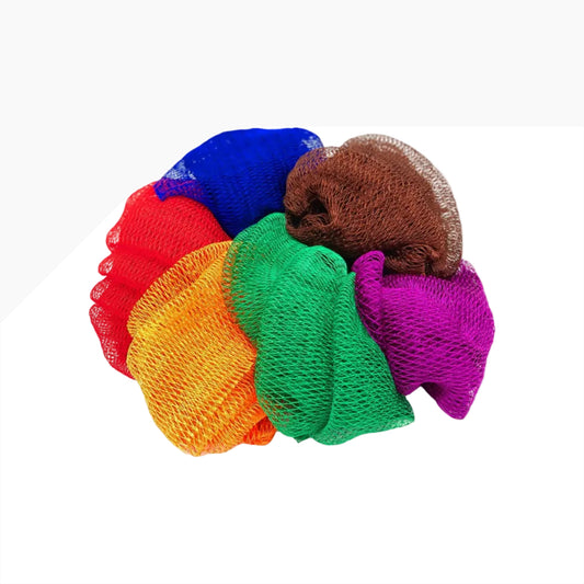 Set of colorful mesh African scrubs in red, blue, brown, green, orange, and purple on a white background.