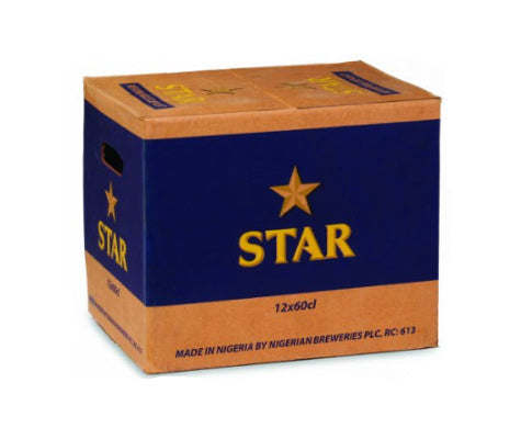 Star beer box with blue and brown design, featuring the Star logo.