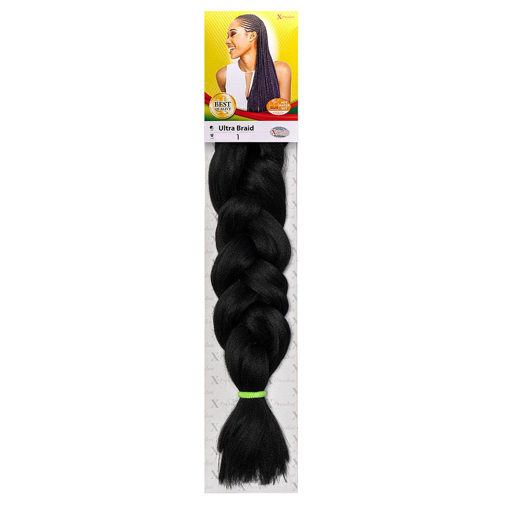 Packaged hair extension with a model on the packaging against a white background