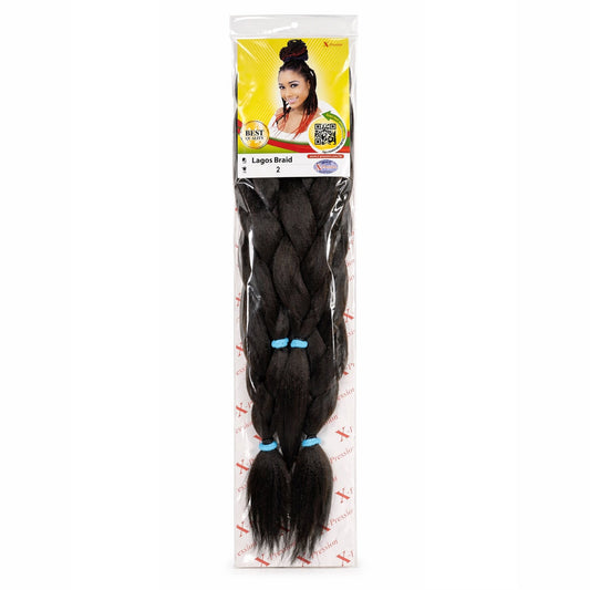 Packaged hair extensions with a model image on the label against a white background