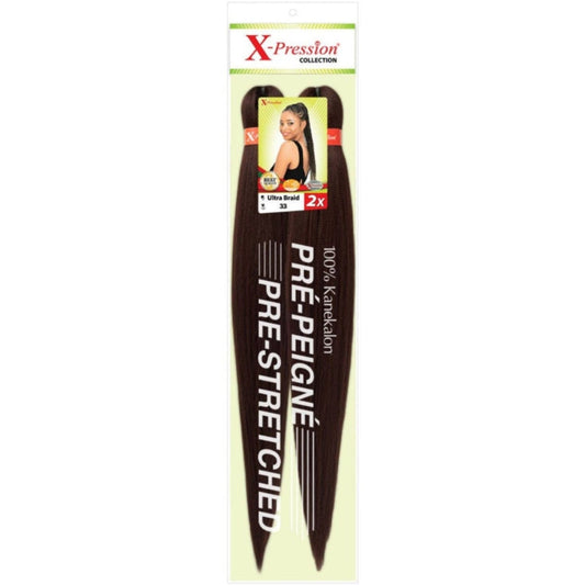 Packaged hair extensions with Xpression branding on a white background