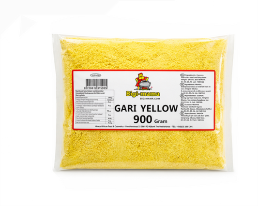 Packaged yellow Gari powder with Bigi-mama label on a white background