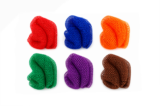Six colorful sap African sponges in red, blue, orange, green, purple, and brown on a white background.